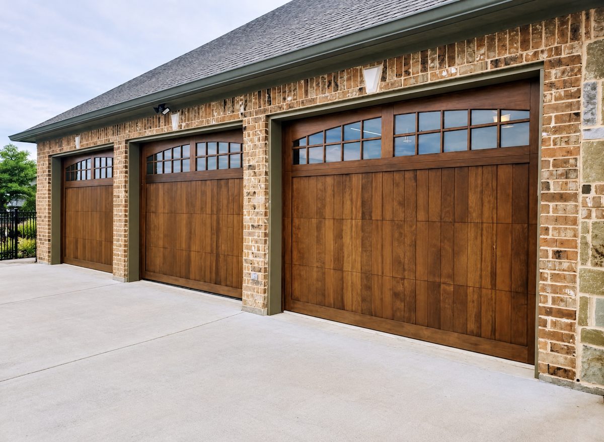 Three stained cedar garage doors with arched Stockton window inserts