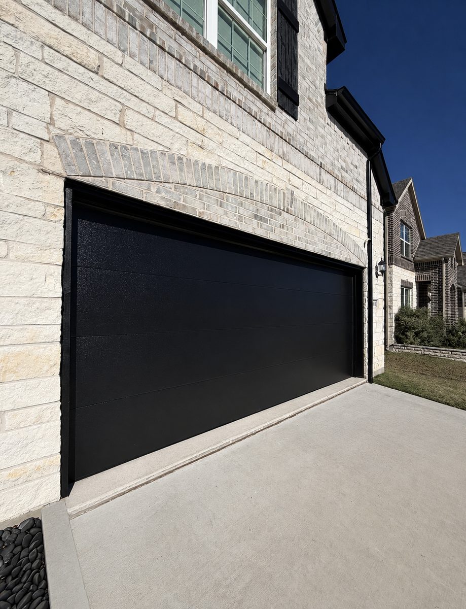 Black flush-panel garage door on a light stone home