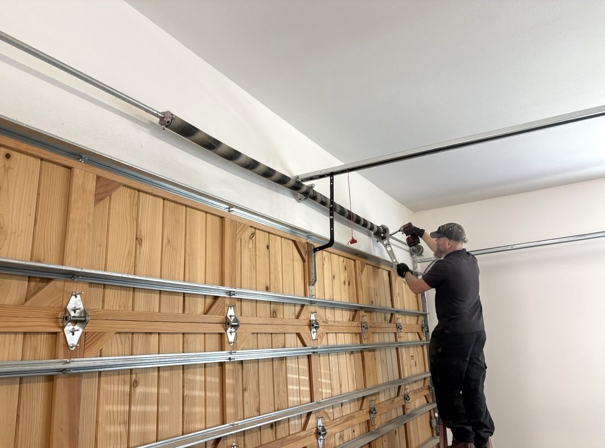 Technician winding a torsion spring above a cedar garage door