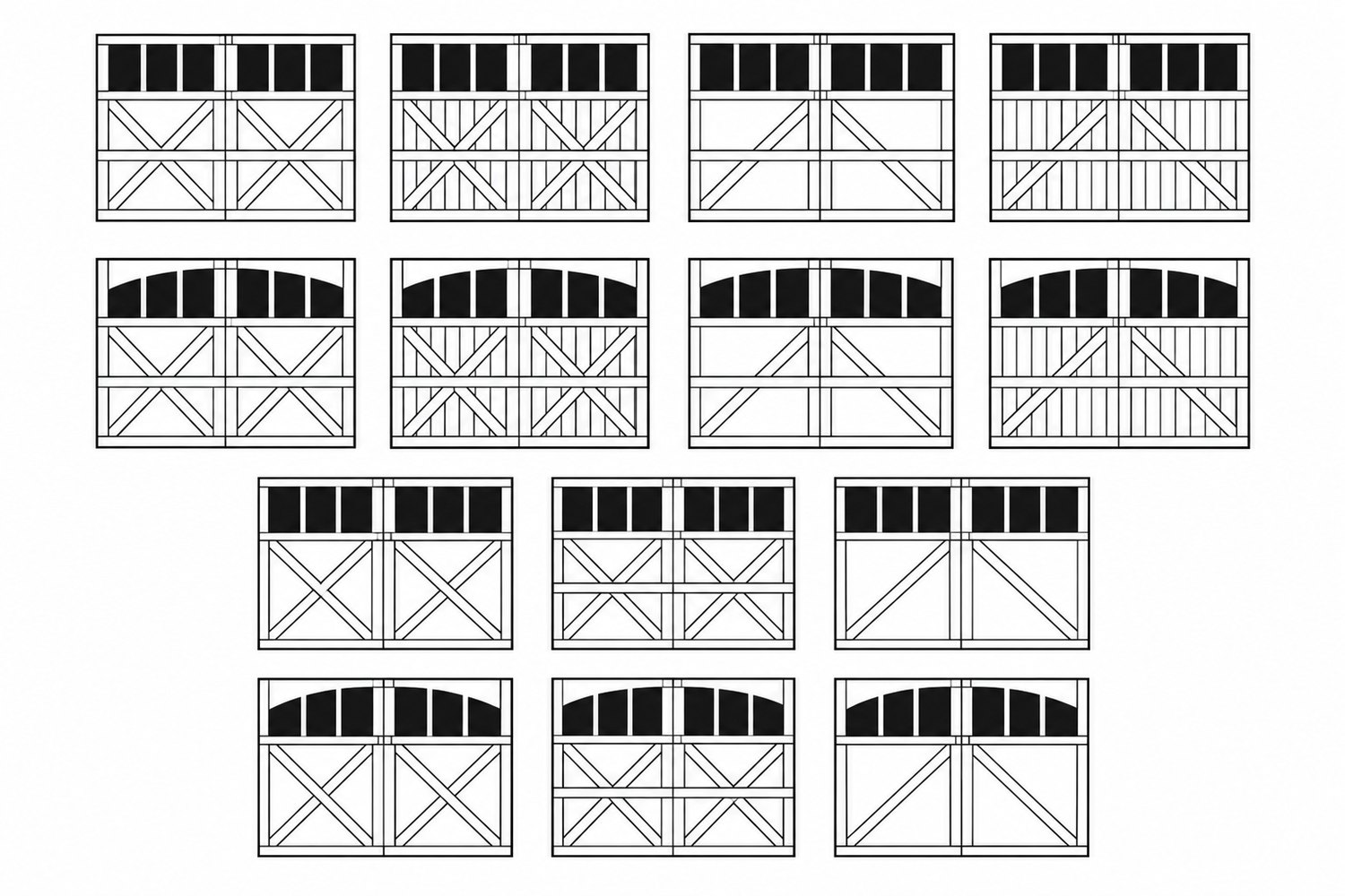 Line drawings of fourteen custom carriage door configurations