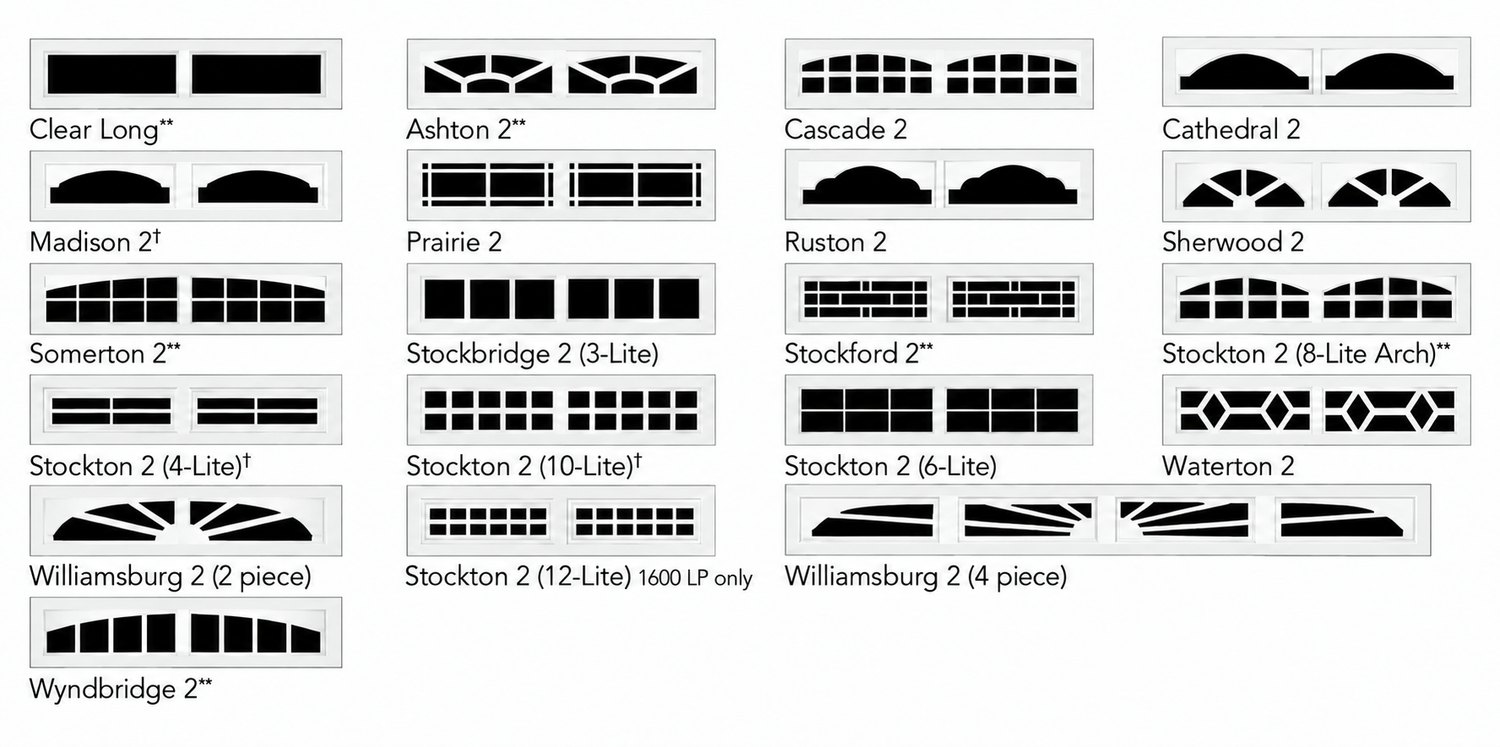 Window insert designs available for garage doors
