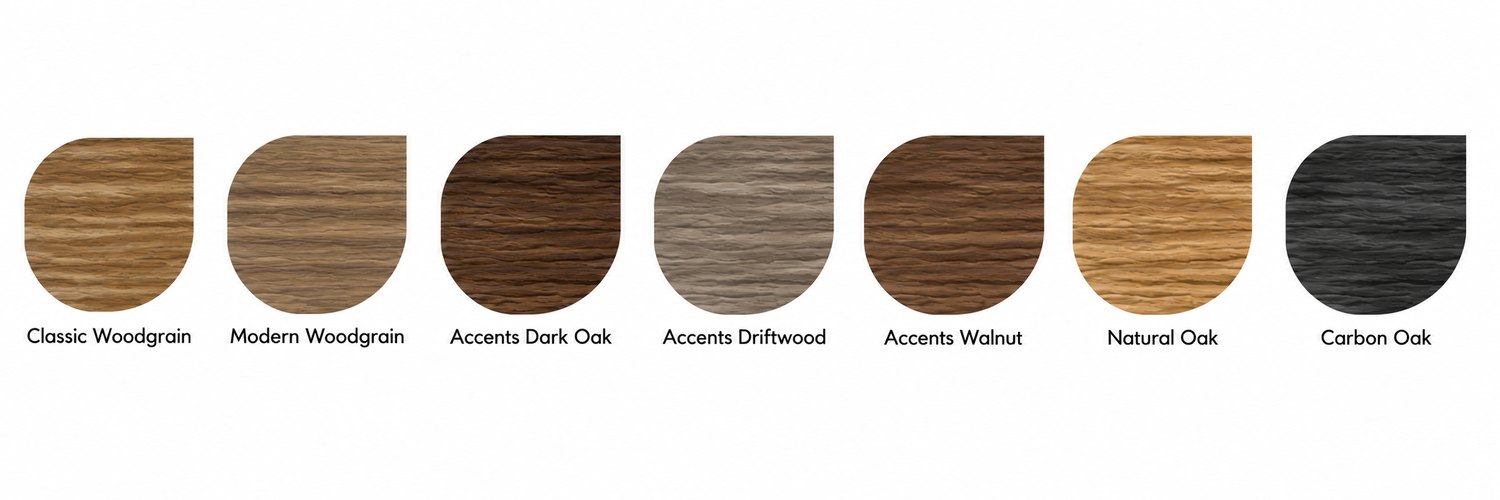 Seven woodgrain finish options for garage doors
