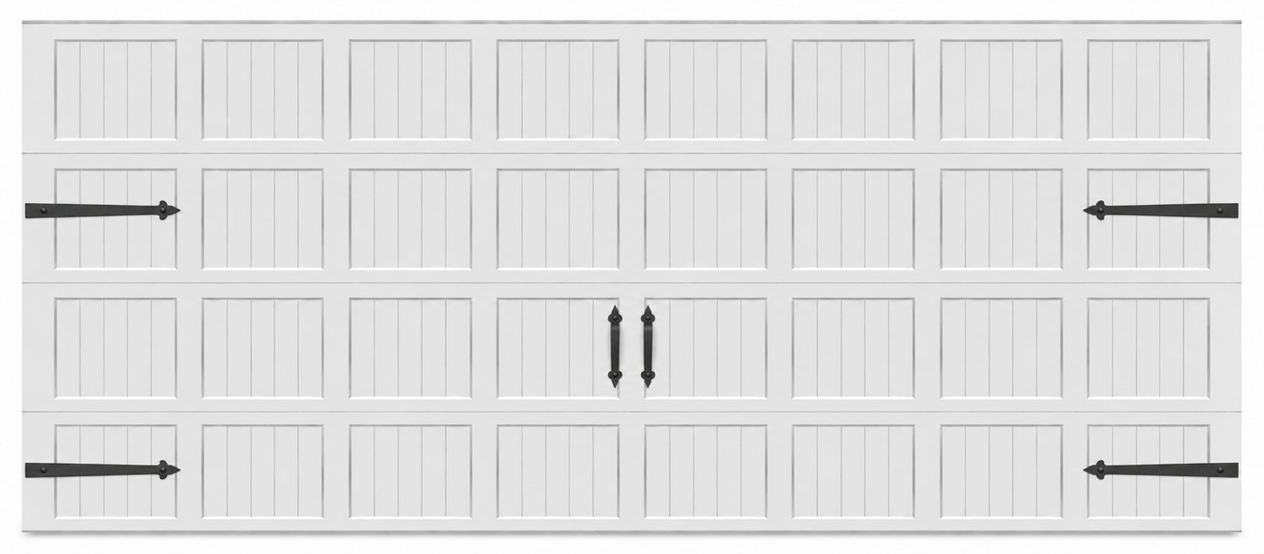 Garage door with decorative strap hinges and handles fitted